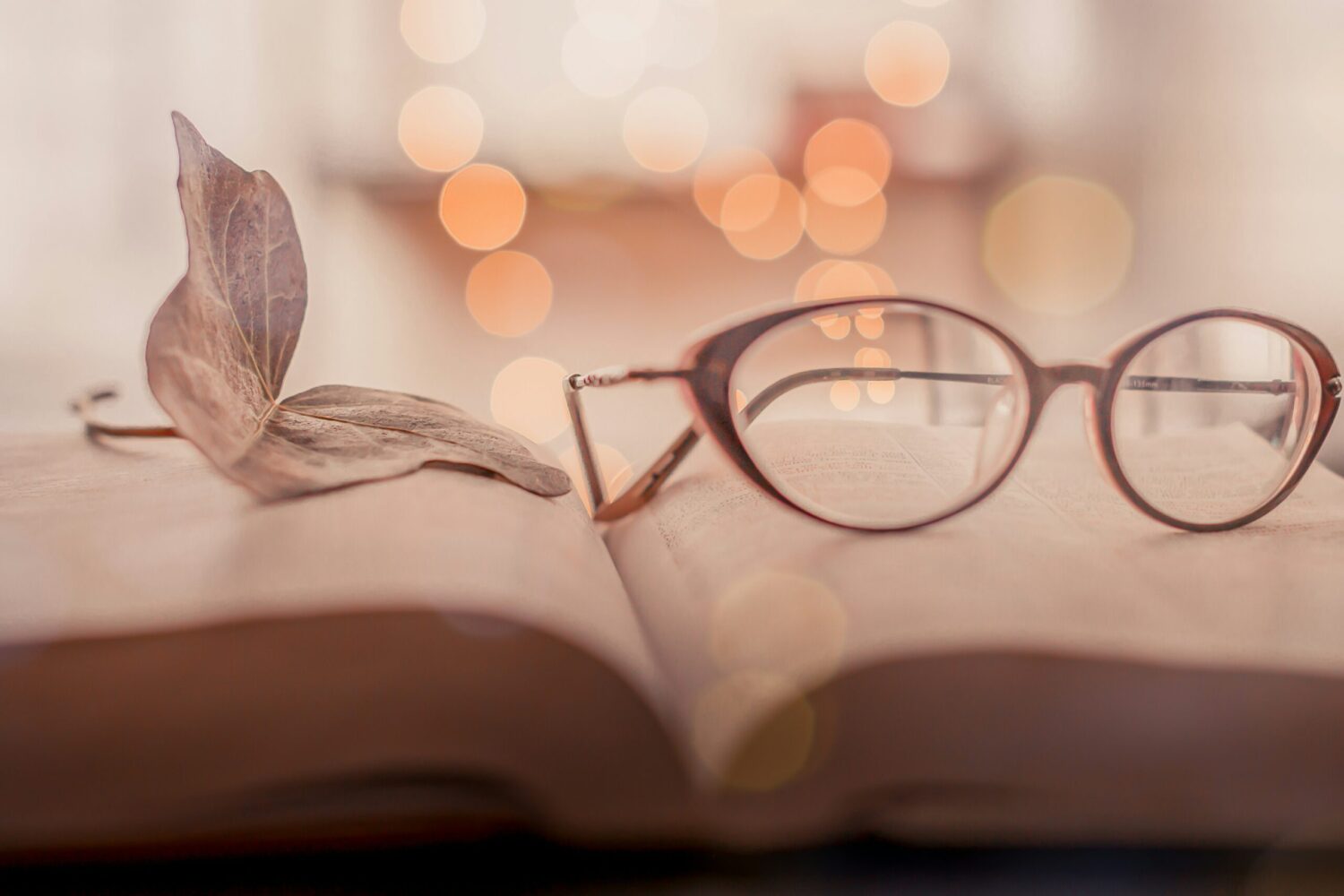 open book with a leaf on one page and a pair of glasses on the other